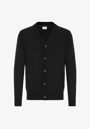 Zwarte wollen cardigan met een V-hals, lange mouwen en een sluiting met zes knopen. Fijne gebreide textuur met geribde manchetten en zoom. Klassiek ontwerp.