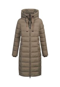 Knie-lange pufferjas in taupe met een capuchon, ritsluiting en trekkoorden. Beschikt over gewatteerde delen en zijzakken.