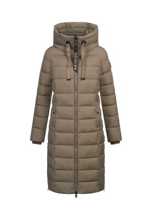 Knielanger Daunenmantel in Taupe mit Kapuze, Reißverschluss und Kordelzügen. Verfügt über gesteppten Abschnitte und seitliche Taschen.