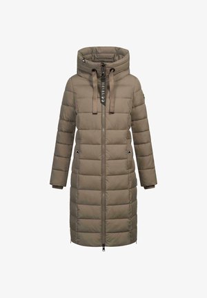 Knielanger Daunenmantel in Taupe mit Kapuze, Reißverschluss und Kordelzügen. Verfügt über gesteppten Abschnitte und seitliche Taschen.