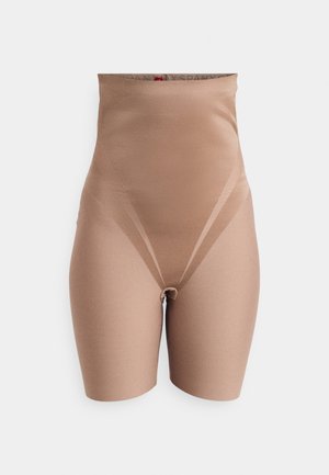Beige high-waisted shaping shorts made of smooth, stretchy fabric with a seamless design and a mid-thigh length.