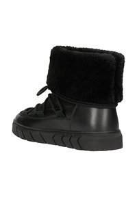 Schwarze Knöchelboots mit einem gepolsterten Kunstfellbund, Gummisohle und Schnürdesign. Sie verfügen über ein oberes Lederteil aus glattem Leder und eine strukturierte Sohle für besseren Halt.
