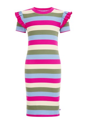 Robe côtelée longueur genou avec des rayures horizontales rose, vert, bleu et crème, dotée de manches courtes ornées de volants superposés.