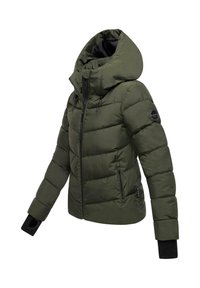 Green quilted puffer jacket with large hood, black inner cuffs with thumb holes, front zipper, and zippered side pockets.