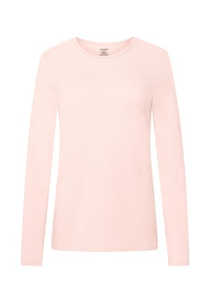 Camiseta de manga larga de color rosa claro, lisa, con cuello redondo y corte ajustado, tela suave y sin patrones ni adornos visibles.