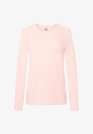 Camiseta de manga larga de color rosa claro, lisa, con cuello redondo y corte ajustado, tela suave y sin patrones ni adornos visibles.