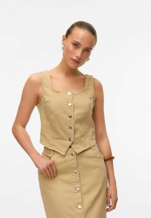Lühendatud beež denim top ruudukujulise kaelusega, ees nupud ja vormitud disain. Ühendatud sobiva seelikuga, millel on küljetaskud.