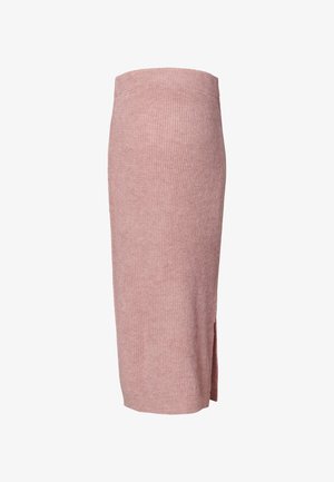 Knitted midi skirt in soft pink, featuring a fitted waist, ribbed texture, and a side slit for ease of movement.