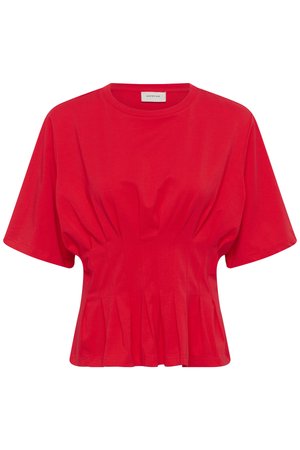 Czerwona koszula z krótkim rękawem, okrągłym dekoltem i marszczonym detalem w talii, tworząca dopasowaną sylwetkę.