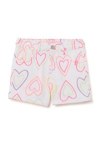 Shorts in denim bianco con un motivo a cuore colorato in rosa neon, arancione, verde e viola. Dotati di tasche anteriori e di un bottone in metallo.