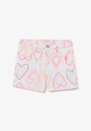 Witte denimshorts met een kleurrijk hartpatroon in neonroze, oranje, groen en paars. Bevat voorzakken en een metalen knoop.