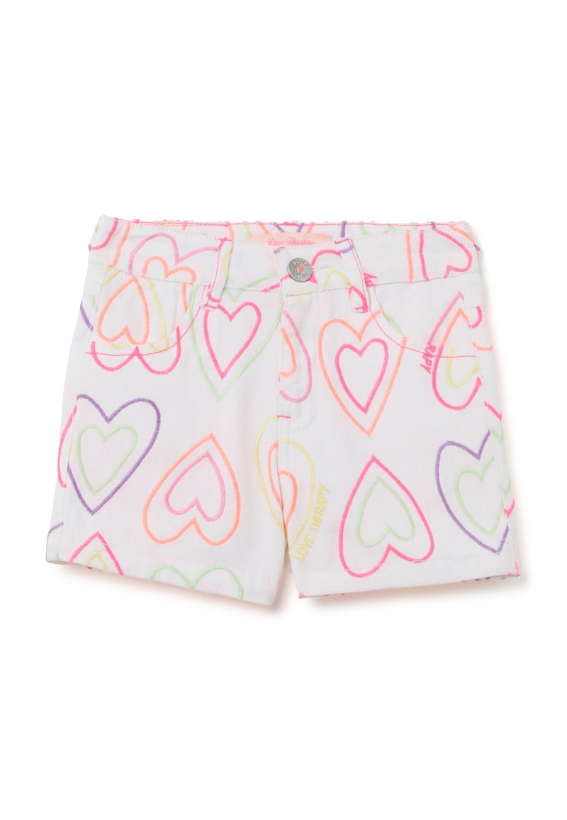 Shorts in denim bianco con un motivo a cuore colorato in rosa neon, arancione, verde e viola. Dotati di tasche anteriori e di un bottone in metallo.