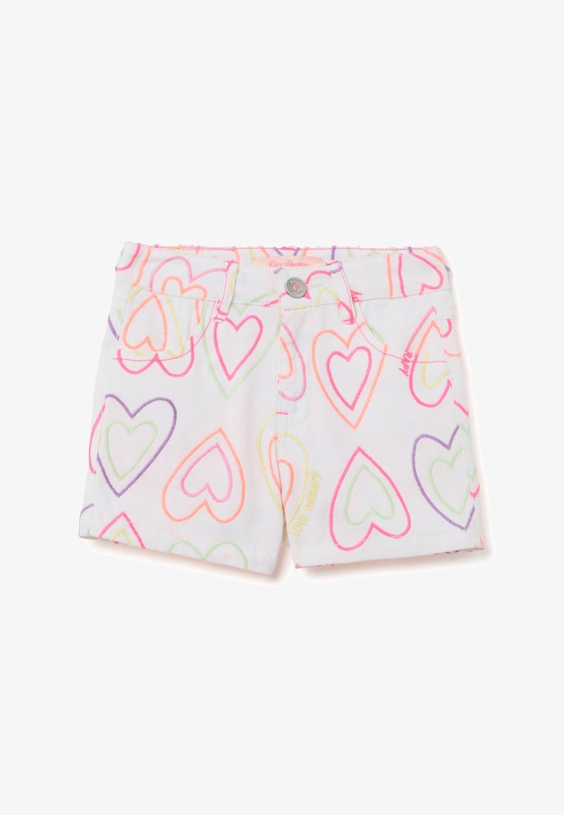 Shorts in denim bianco con un motivo a cuore colorato in rosa neon, arancione, verde e viola. Dotati di tasche anteriori e di un bottone in metallo.