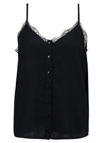 Schwarzes Camisole-Top mit Spitzenbesatz, V-Ausschnitt, verstellbaren Trägern und Knopfverschluss vorne. Leichter Stoff mit glatter Textur.