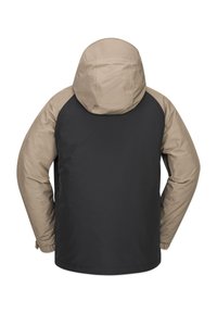 Waterdichte jas met een tweekleurig ontwerp; zwarte body en beige mouwen. Voorzien van een capuchon en elastische manchetten voor een veilige pasvorm.