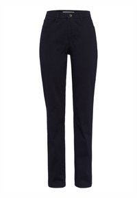 Pantaloni blu navy realizzati in tessuto di cotone. Design a gamba dritta con chiusura a bottone e tasche frontali. Nessun motivo o dettaglio visibile.