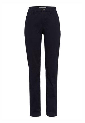 Marineblauwe broek van katoen. Rechtaf lopen ontwerp met een knoopsluiting en zijzakken. Geen zichtbare patronen of accenten.