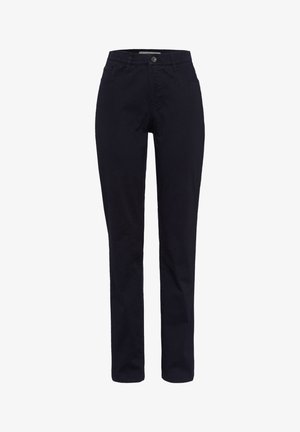 Pantalon bleu marine en tissu coton. Design à jambes droites avec fermeture à bouton et poches avant. Pas de motifs ni d'accents visibles.