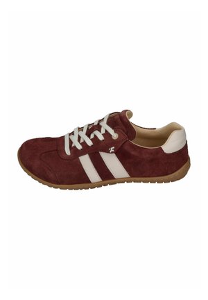 Burgundy suede sneaker with white stripes, lace-up front, and a brown rubber sole. Features a padded collar and textured upper.