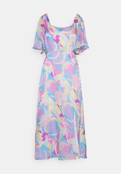 Vestido maxi com decote arredondado, mangas curtas bufantes e um padrão geométrico multicolorido num tecido leve.