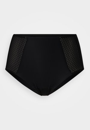 Høy midje svart bikini-bunn med nettpaneler på sidene som har et diamantmønster og glatt tekstur. Ideell for en strømlinjeformet passform.