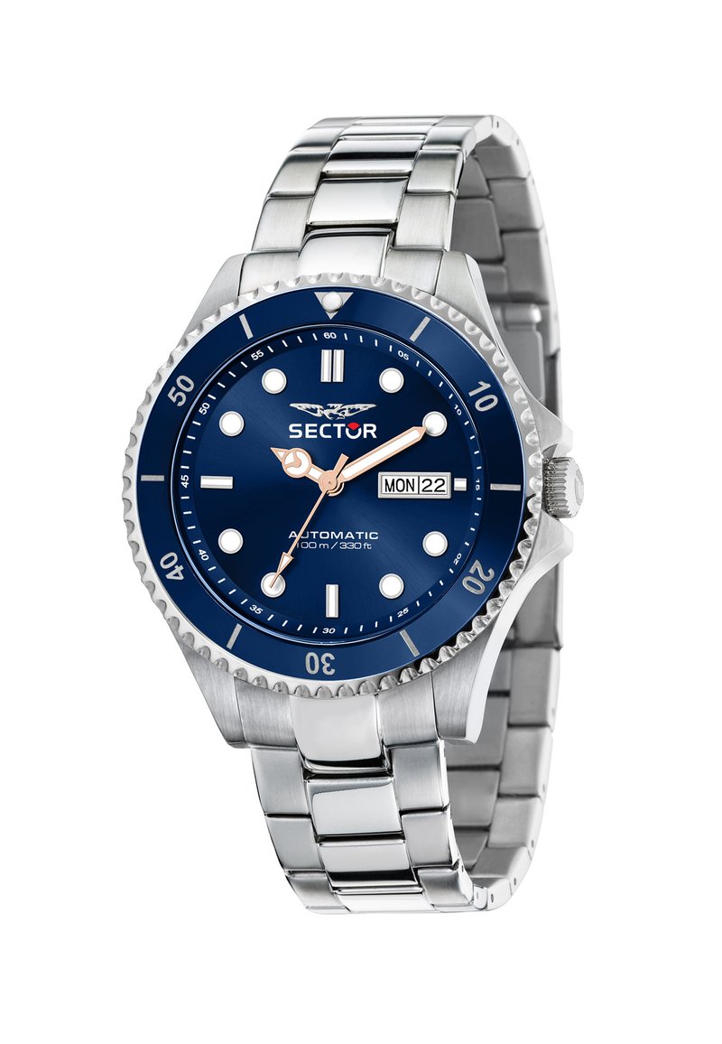 Silver stainless steel watch with a blue dial, luminous markers, a rotating bezel, and an automatic movement. Date display at 3 o'clock.