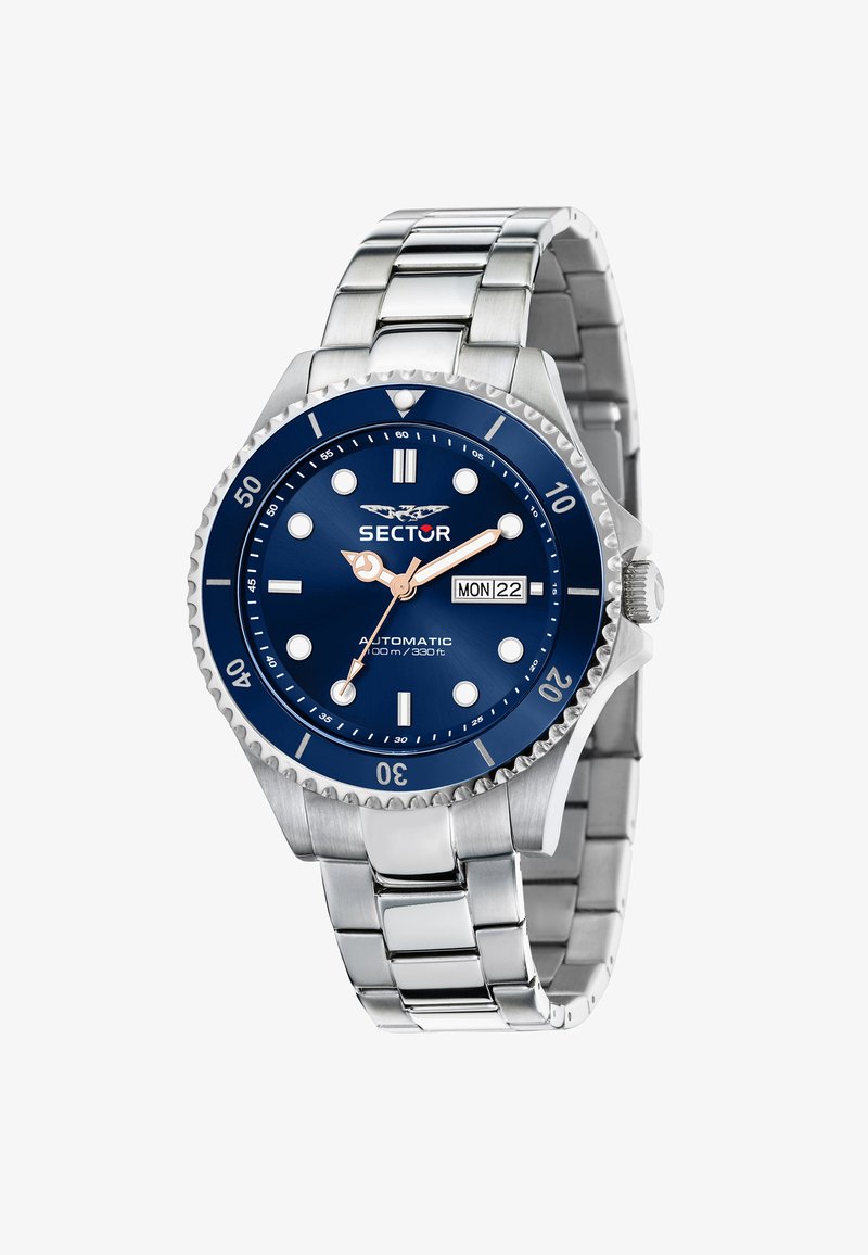 Orologio in acciaio inossidabile argentato con quadrante blu, indici luminosi, lunetta girevole e movimento automatico. Visualizzazione della data alle 3.
