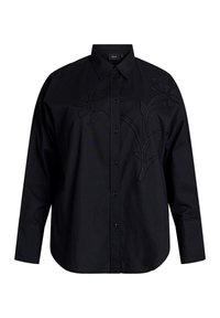 Zwarte lange mouwen shirt met een geborduurd bloemenontwerp op de voorkant. Gemaakt van katoen met een knoopsluiting kraag en een gebogen zoom.