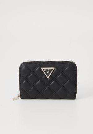 Black quilted wallet featuring a silver-tone logo triangle, gold zipper, and smooth texture. Compact rectangular shape with diamond pattern.
