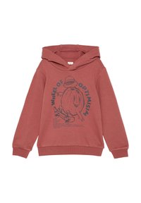 Rode hoodie gemaakt van zachte katoenstof, met een centrale afbeelding van een personage op een skateboard en de tekst "WIEL VAN OPTIMISME."