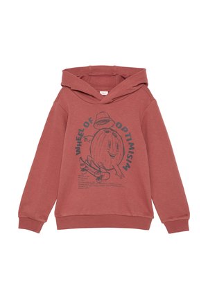 Rode hoodie gemaakt van zachte katoenstof, met een centrale afbeelding van een personage op een skateboard en de tekst "WIEL VAN OPTIMISME."