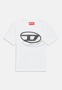 White short-sleeve T-shirt with black oval "D" logo and shadow graphic on front, featuring red Diesel brand label inside collar.