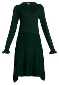 Skoggrön långärmad klänning i mjukt stickat tyg. Har volangärmar, en figursydd midja och en asymmetrisk nederkant. Klassisk rund halsringning.