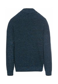 Knitted sweater in dark blue and black hues, featuring a ribbed crew neck and long sleeves with a textured finish. Back view shown.