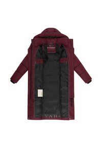 Burgundy puffer jacket with a zip closure, large hood, elastic cuffs, and a black inner lining. Features interior pockets and a label tag.