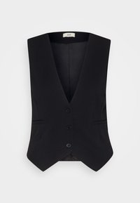 Svart skräddarsydd ärmlös väst med djup V-ringning, tre framknappar och två horisontella sidfickor mot en neutral bakgrund.