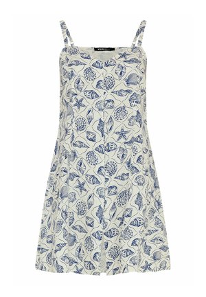 Vestido blanco sin mangas con tirantes finos, con un patrón de conchas marinas azules y estrellas de mar por todo el vestido.