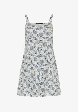 Valkoinen hihaton mekko ohuilla hihnoilla, jossa sininen merikorkkikuvio ja meritähti koko pinnalla.