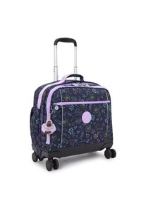 Rollkoffer mit schwarzem Stoff, buntem Blumenmuster, lila Akzenten, zwei Rädern, ausziehbarem Griff und einem plüschigen Affen-Schlüsselanhänger.