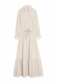 Robe à rayures avec boutonnage en tissu doux. Comprend un col, des manches longues, une ceinture à la taille et une jupe à volants. Les couleurs incluent rose pâle et crème.