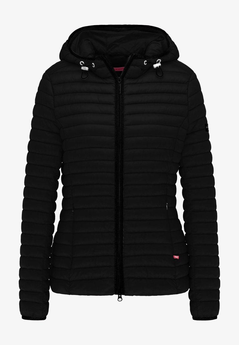 Veste matelassée noire pour femme avec fermeture éclair à l'avant, capuche, cordons réglables et coupe slim.