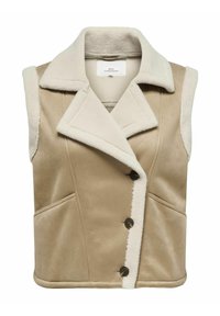 Beige ärmlös väst med en mjuk off-white fleecekrage, frampanel med fyra knappar och två sidfickor. Slät textur.