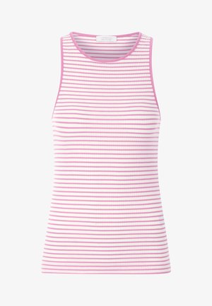 Geribbelde tanktop in het wit met roze horizontale strepen, voorzien van een ronde hals en roze bies rond de halslijn en armsgaten.