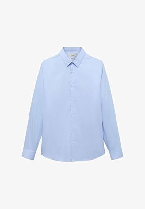Light blue long-sleeve shirt made of smooth cotton fabric. Features a classic collar, button front, and rounded hem. No visible patterns or accents.
