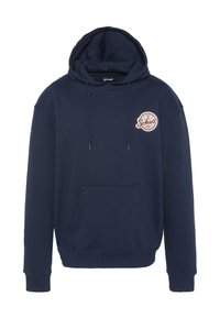 Granatowa bluza z kapturem wykonana z miękkiego materiału, z kieszenią z przodu, kapturem z ściągaczem i okrągłym haftowanym logo na piersi.