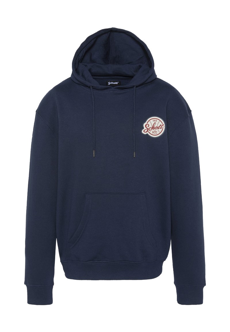 Granatowa bluza z kapturem wykonana z miękkiego materiału, z kieszenią z przodu, kapturem z ściągaczem i okrągłym haftowanym logo na piersi.