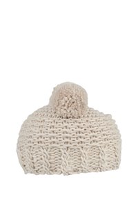 Knit cream-colored beanie with a textured pattern and a soft pom-pom on top. Features a ribbed band for added comfort.