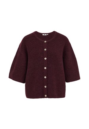Bordo pleten kardigan z okroglim izrezom, kratkimi rokavi in petimi velikimi kremnimi gumbi spredaj. Mehka, teksturirana tkanina.