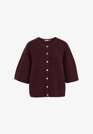 Vīna sarkana adīta kardigans ar apaļu izgriezumu, īsām piedurknēm un pieciem lieliem krēmkrāsas pogām priekšpusē. Mīksts, fakturēts audums.