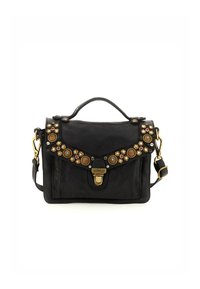 Borsa a tracolla in pelle nera con borchie decorative multicolori, manico superiore e accessori in oro. Presenta una chiusura a pattina e una tracolla regolabile.